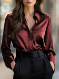 Women's Classic Satin Button Down Shirt Long Sleeve Lapel Blouse - Image 6