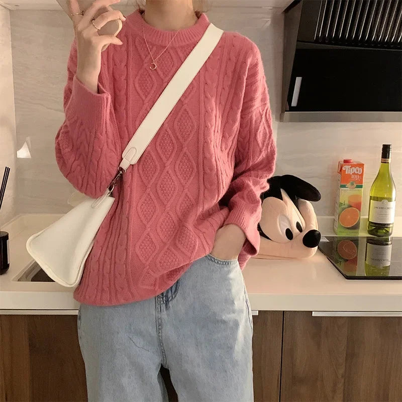 Women's Pink Cable Knit Crew Neck Long Sleeve Sweater - Image 2