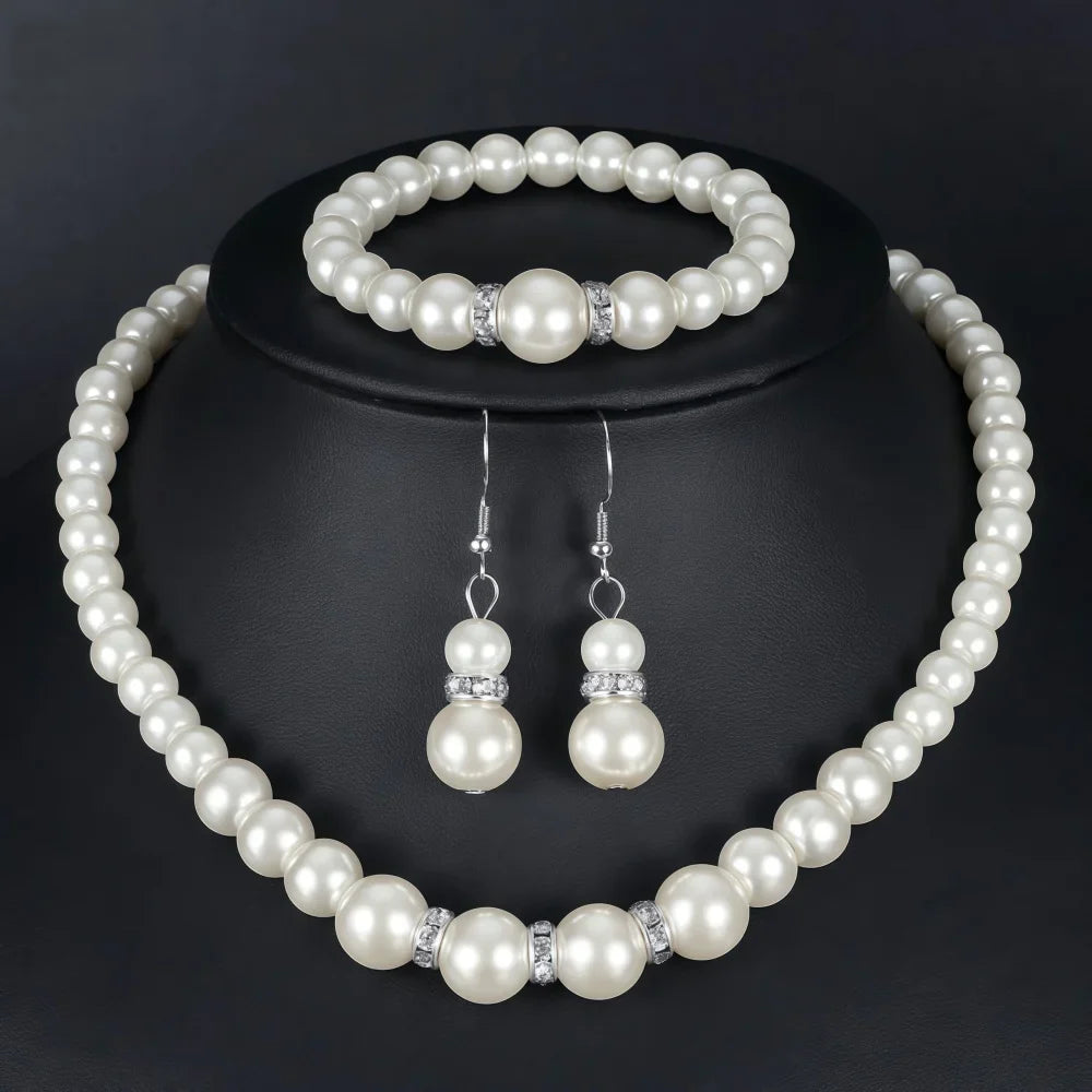 3 PCS Imitation Pearl Fireball Necklace Bracelet Earring Stud Jewelry Set Silver Color Crystal Stone Elegant Bridal Jewelry Gift