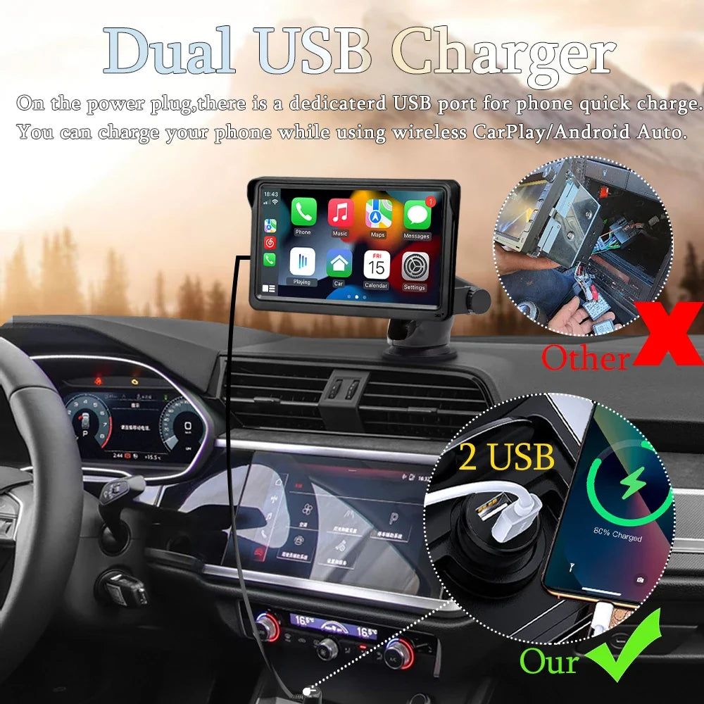 7 Inch Wireless CarPlay Screen – Portable Touch Display for Apple CarPlay and Android Auto