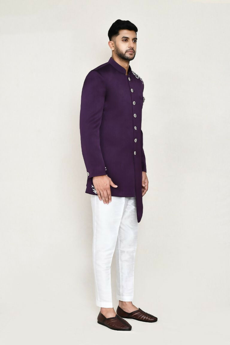 Purple Polyester Indo Western Set with Straight Fit Pant
