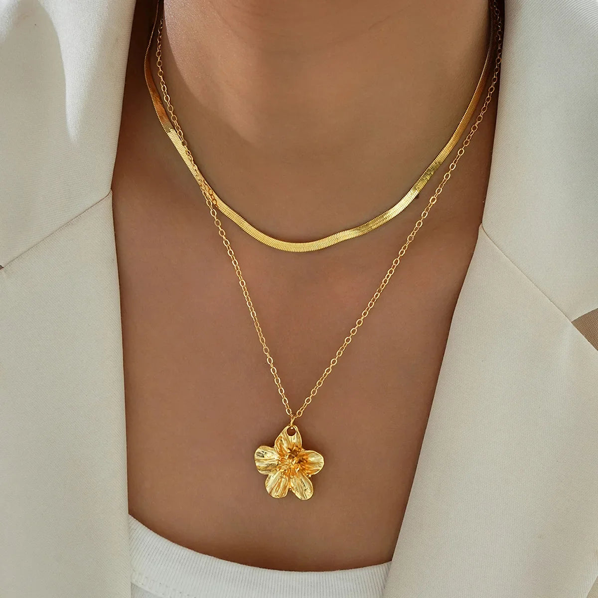 Stainless Steel Golden Flower Pendant Double layer Necklace Flat Snake Chain Lady New Waterproof Fashion Jewelry