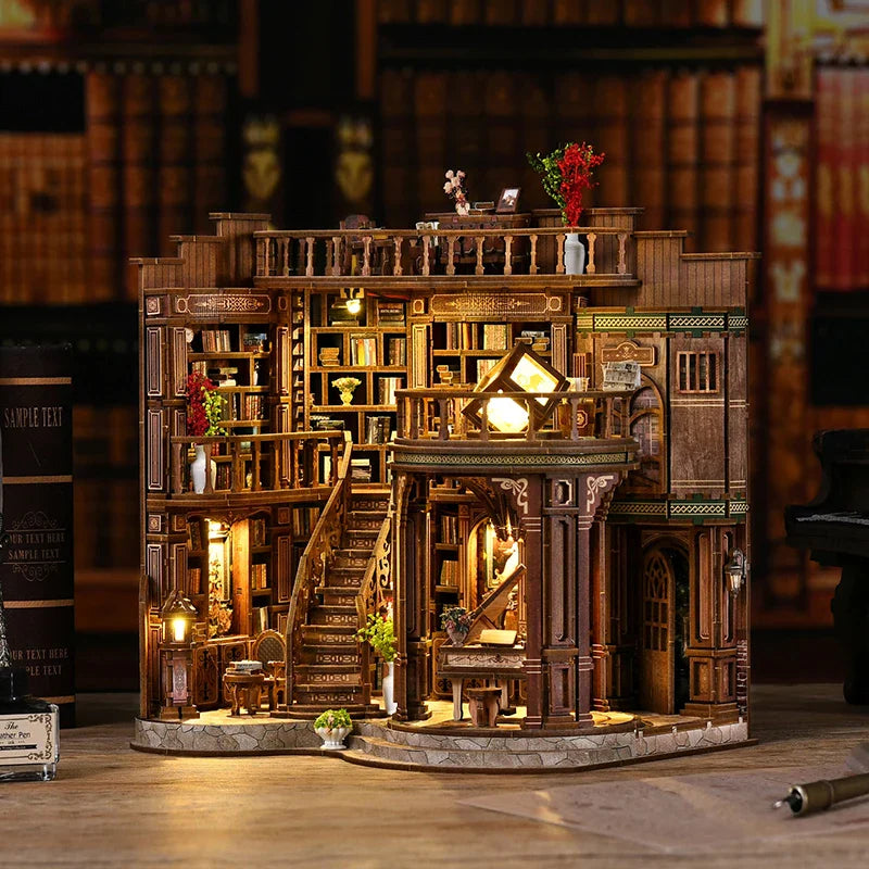 DIY Dream Study Book Nook - Wooden 3D Puzzle Bookend Kit, Creative Handmade Bookshelf Insert Model House Gift