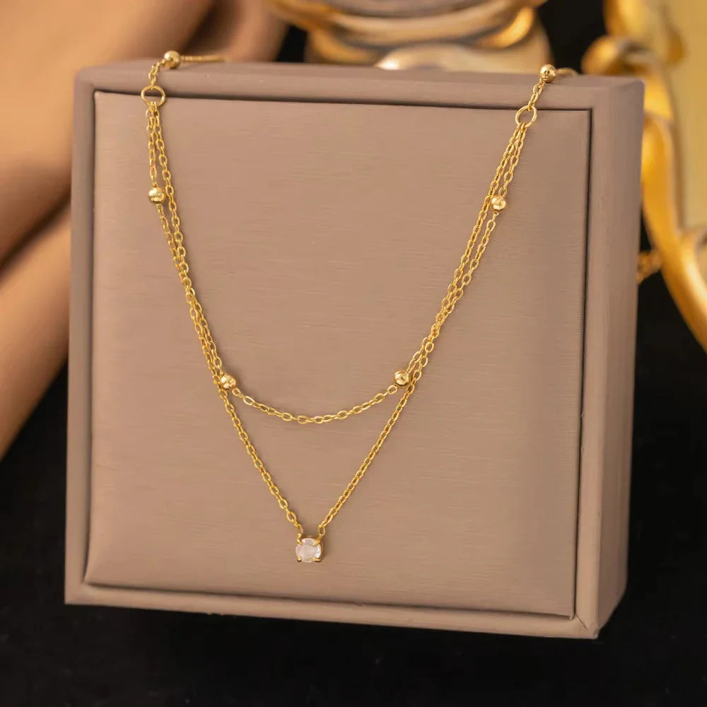 Stainless Steel Light Luxury Charm White Round Zircon Pendant Double layer Necklace Lady Classic Neck Chain Jewelry