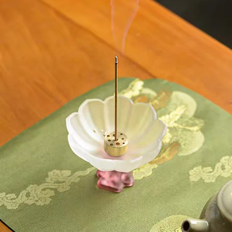 Glass Lotus Incense Burner Brass Nine-hole Incense Holder Incense Stick Holder for Yoga Meditation Spa Home Decor