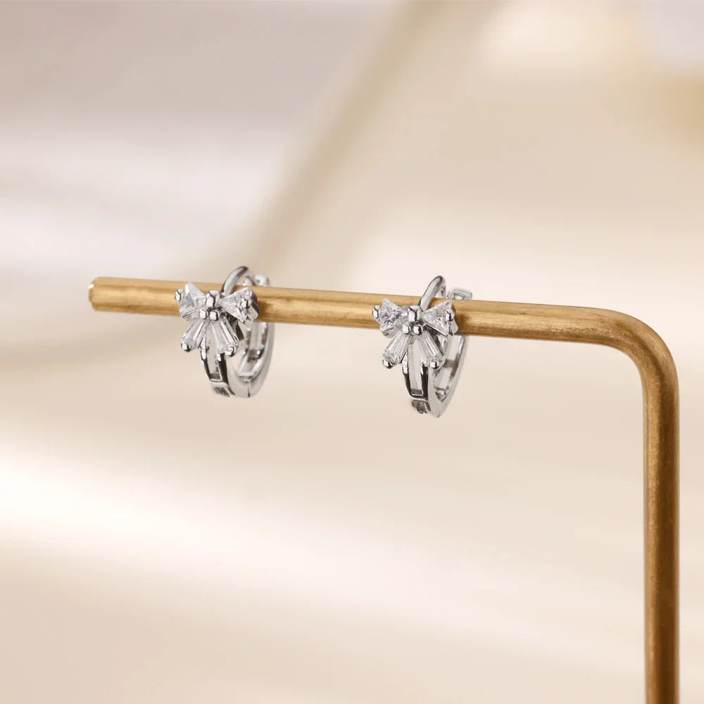 Elegant Zircon Bow Earrings For Women Stainless Steel Gold Color Bowknot Earrings Luxury Wedding Waterproof Jewelry Gift