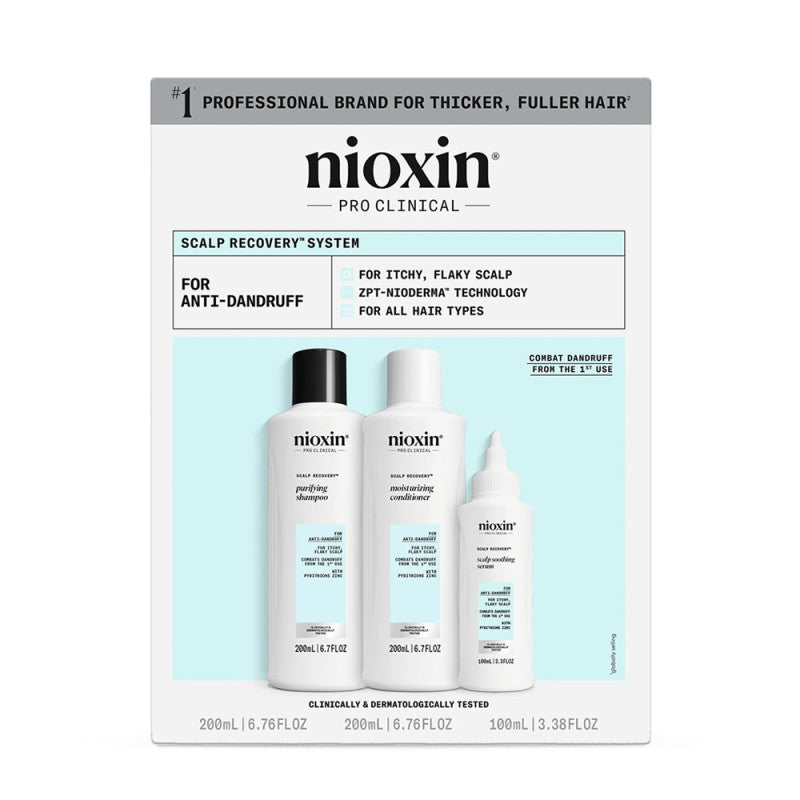 Nioxin Scalp Recovery Kit featuring white and blue packaging for anti-dandruff scalp treatment