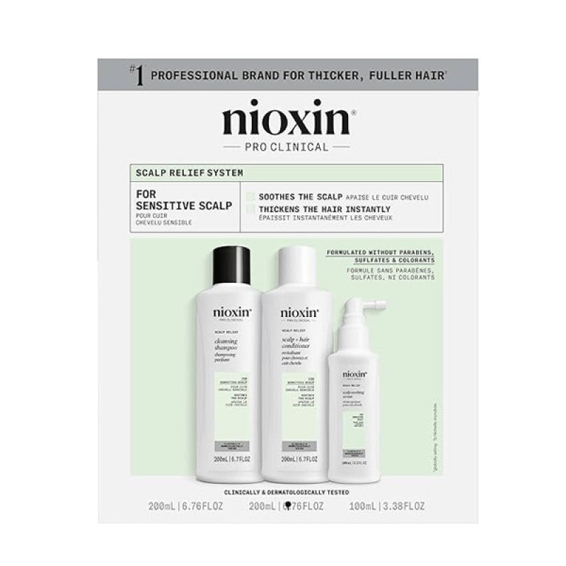 Nioxin Scalp Relief 3-step kit featuring shampoo, conditioner, and serum