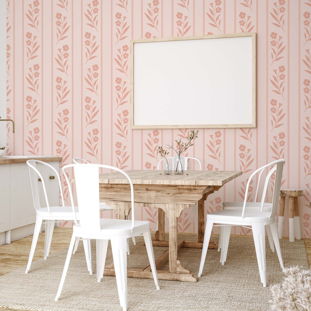 Rory Wallpaper: Soft Blush Pink & Dusty Rose Floral Stripe Motif