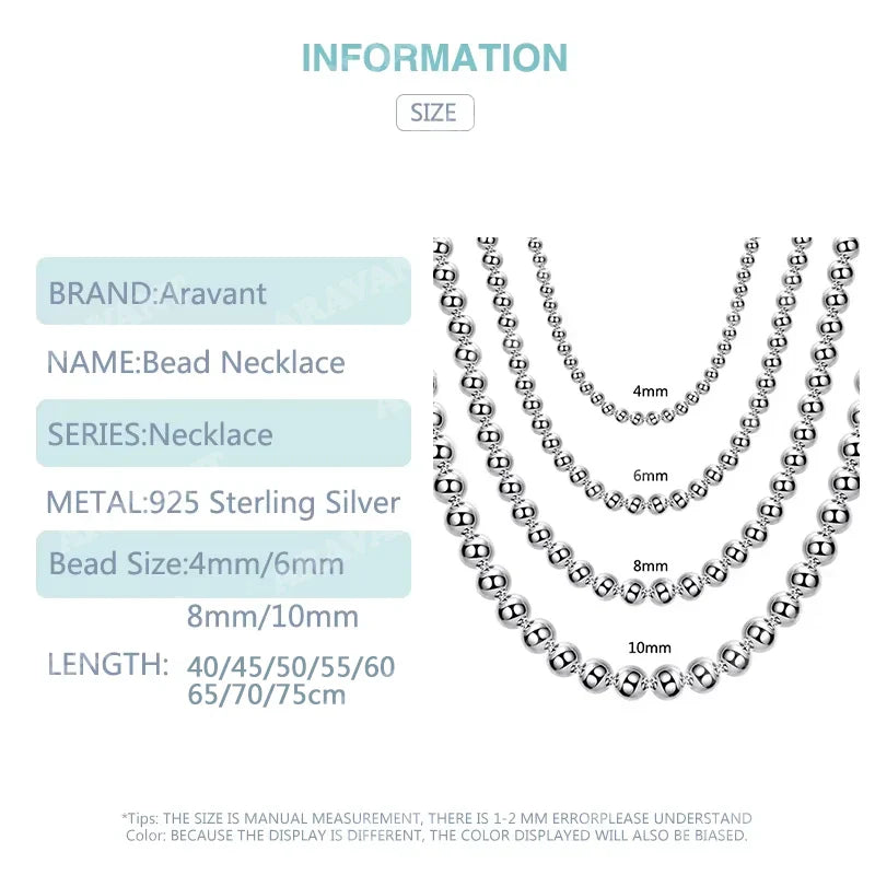 Aravant 925 Silver 4MM/6MM/8MM/10MM Bead Chain Necklace For Men Women Fashion Jewelry
