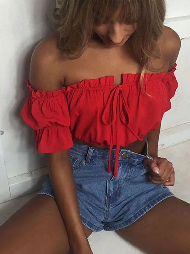 Women's Ruched Crop Top, Strapless Lantern Sleeve Summer Beach Top