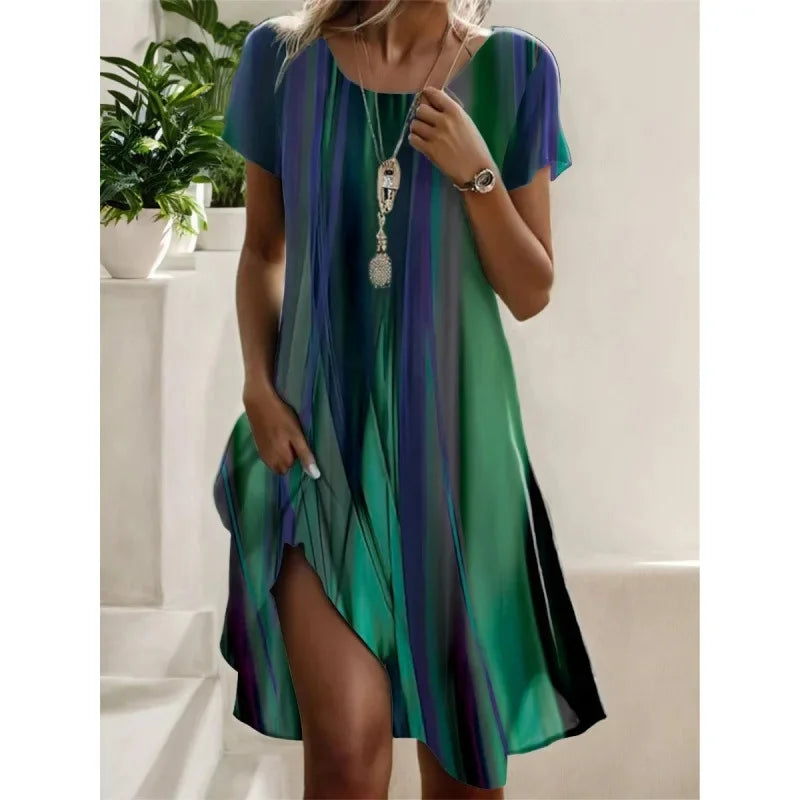 Women's Ethnic Print Midi Dress Summer Round Neck Casual Style - Image 14