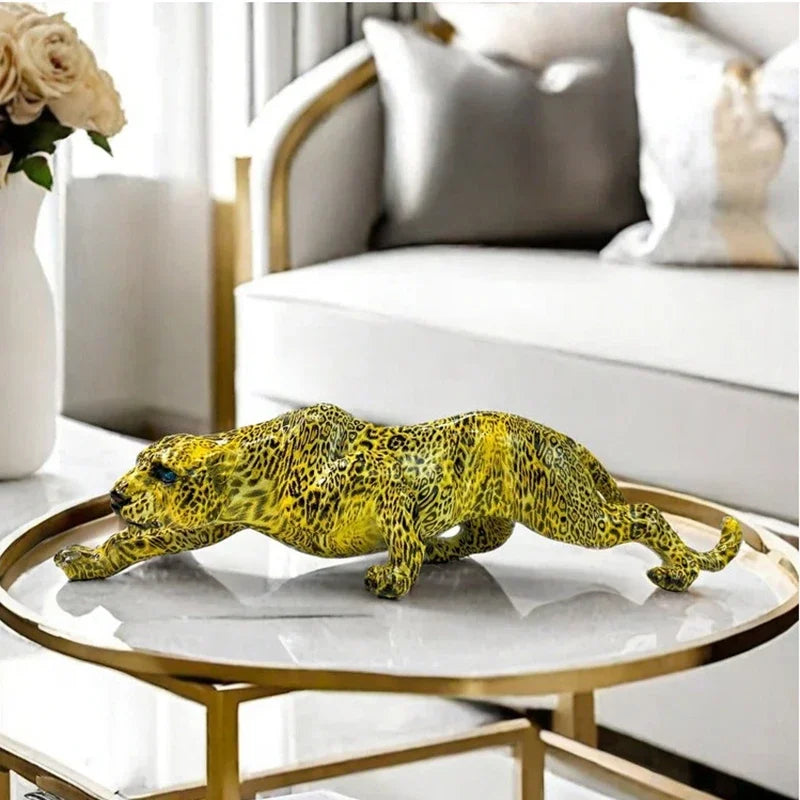 Yellow Leopard Resin Sculpture Sitting Cheetah Home Desk Decor - Image 3
