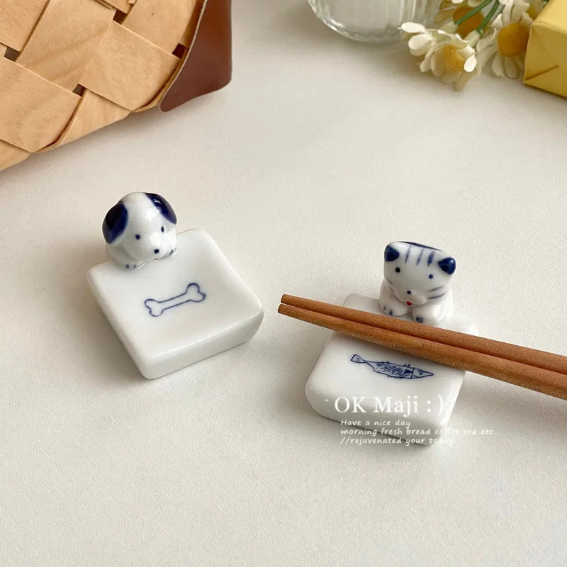 Kawaii Cat Dog Chopstick Holder Ceramic Knife Spoon Fork Tableware Holder Chop Stick Rack Dinning Table Decor Kitchen Supplies
