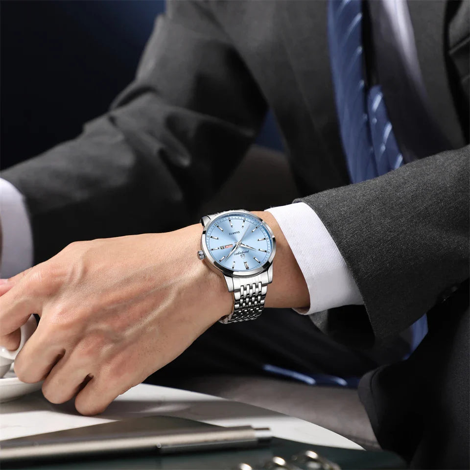 PENGAGAR Luxury Watch For Man Waterproof Luminous Date Week Stainless Steel Men Watch Casual Quartz Men's Watches Male Clock+box