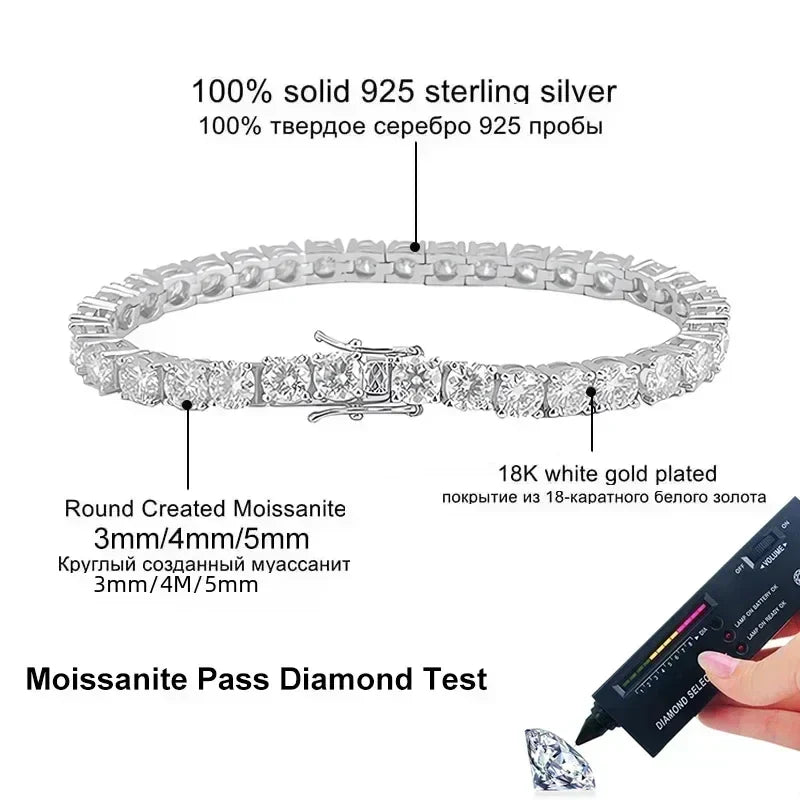 NeeTim 3mm 4mm 5mm Moissanite Tennis Bracelet Full Diamond 925 Sterling Silver with Gold Plated Bracelets For Women Men