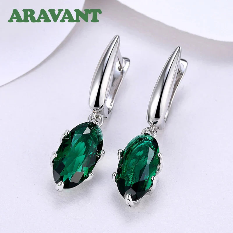 Aravant 925 Silver Oval Green Zircon Drop Earring For Women Fashion Wedding Jewelry