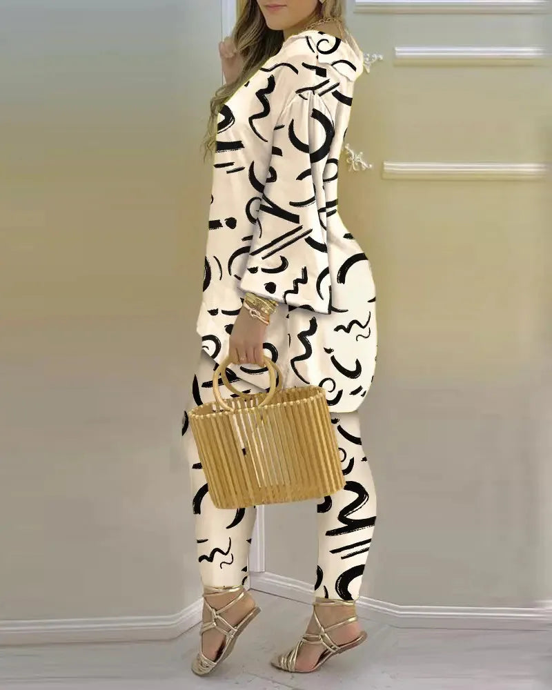 Women Printed V-Neck Long Sleeve Top and Pant Two Piece Set - Image 9