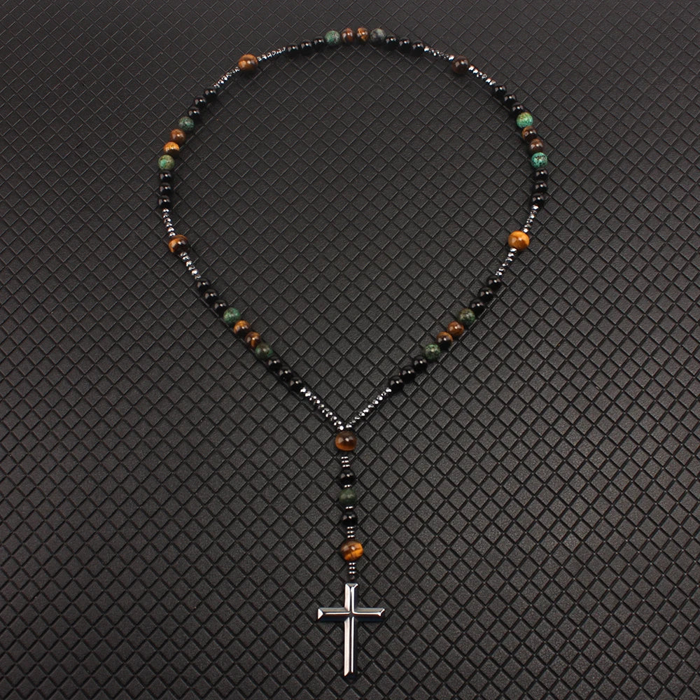 Natural Stone Africa Turquoise and Tiger-eye Beads Cross Pendant Necklace Rosary for Men and Women