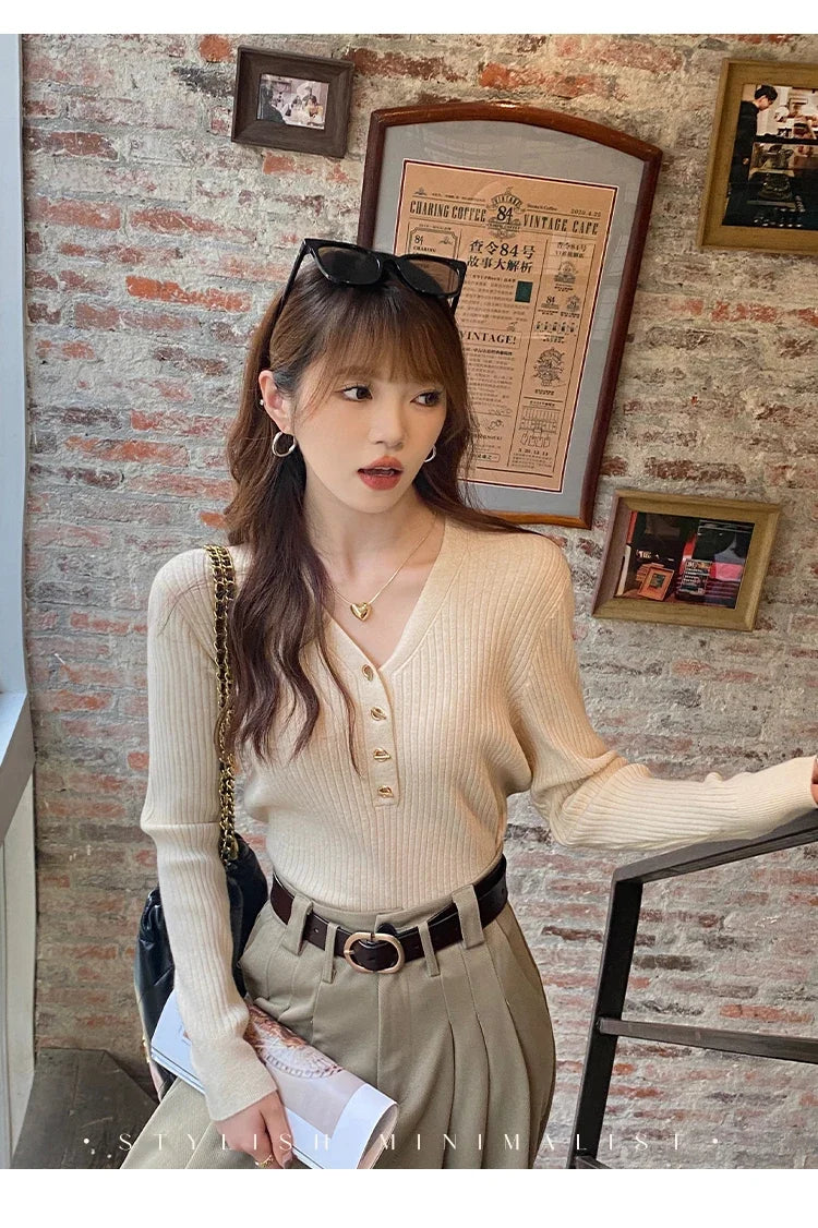 Women Beige Ribbed Button Down Long Sleeve Knitted Pullover Top - Image 14