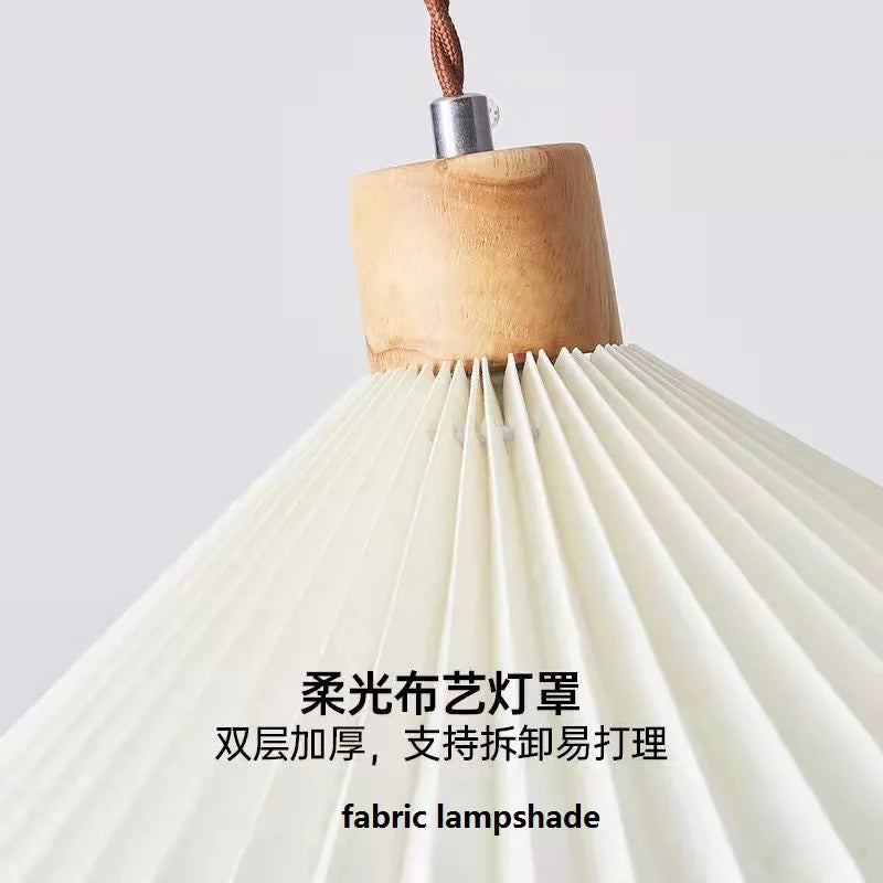 Retro Pleated Pendant Light For Living  Dining Room Bedside Solid Wooden Ceiling Hanging Fabric Lampshade Bar Home Decoration