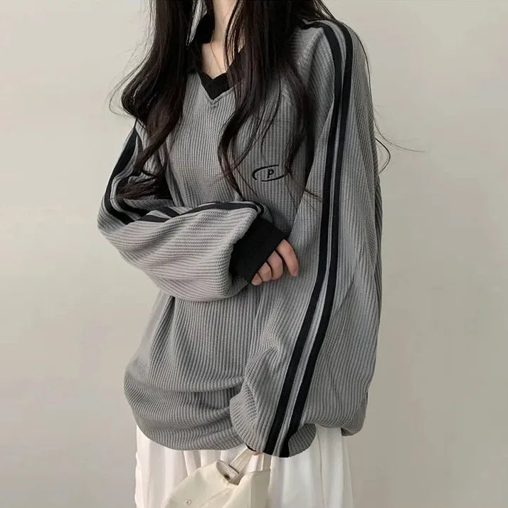 Women Long Sleeve Polo Pullover Sweater Striped Casual Top - Image 12