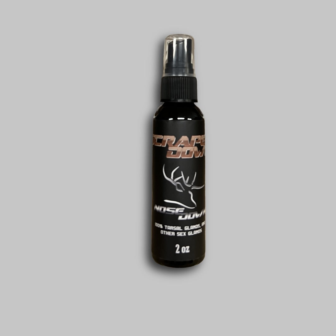 2oz spray bottle of Scrape Down deer scent with black, white, and bronze branding