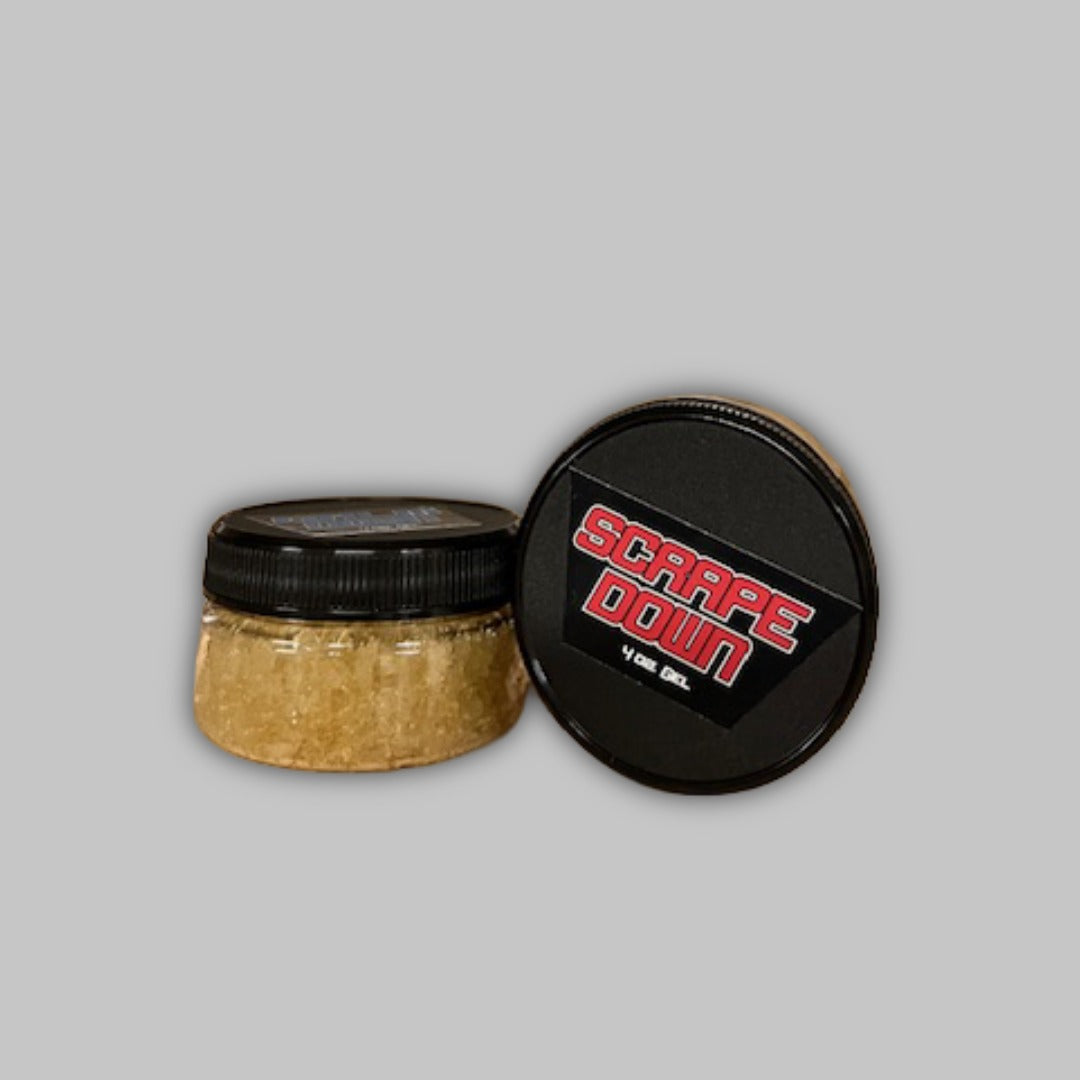 4 oz container of Scrape Down Gel in clear and black packaging, skincare product