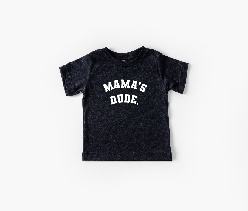 Mama's Dude collegiate style graphic tee in charcoal and cream colors.