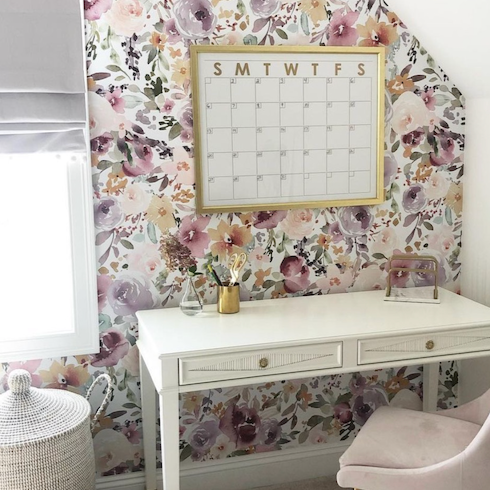 Bohemian floral Rue wallpaper in lavender, blush, and mustard tones