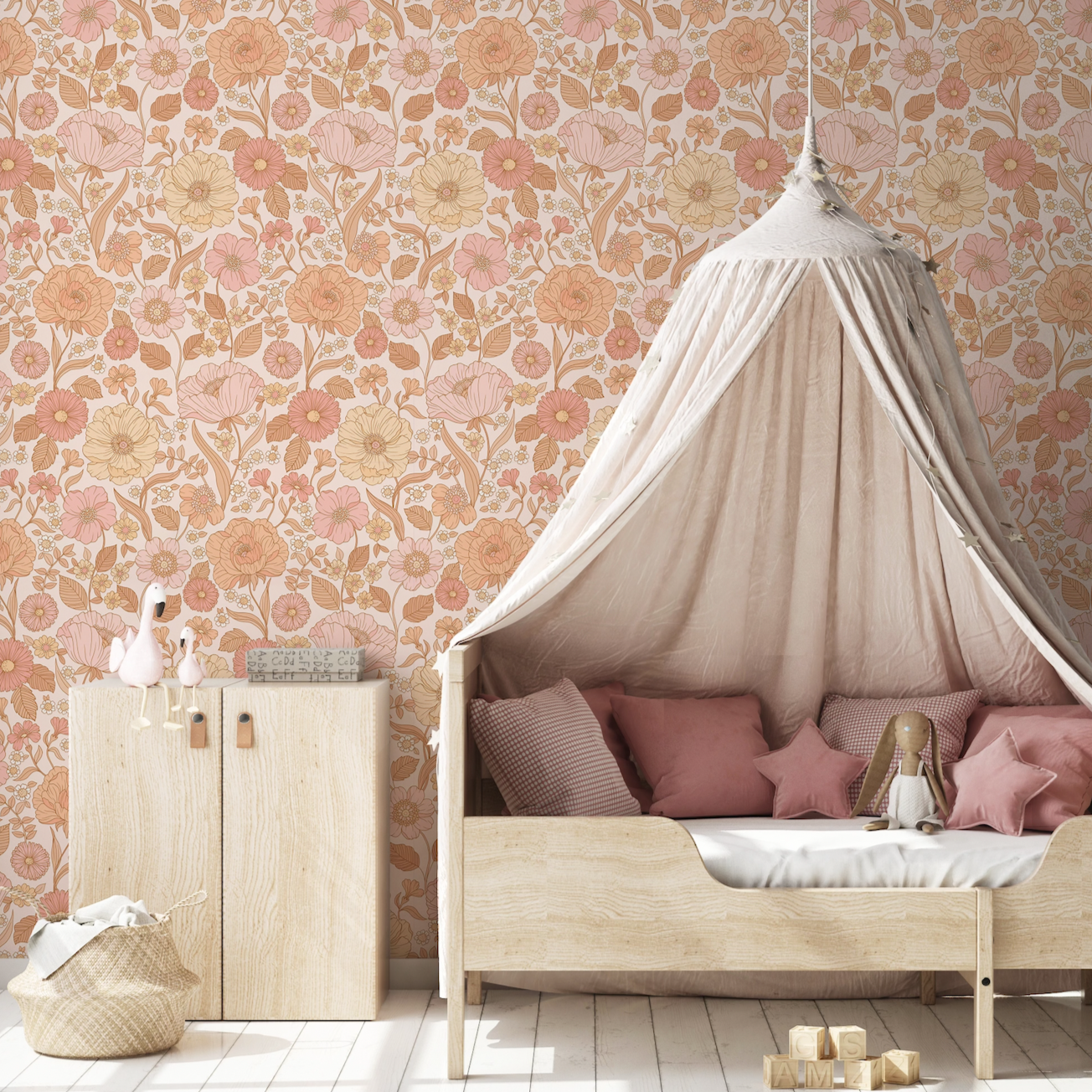 Betsy Floral Removable Wallpaper in Pink, Peach, and Cream