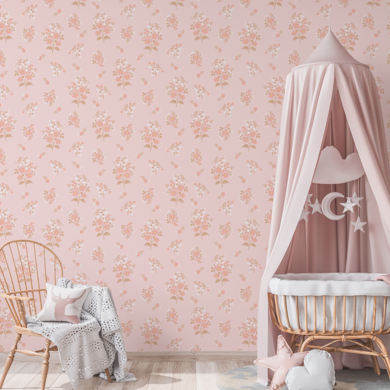 Maisie Floral Removable Wallpaper in Pink and White Nursery