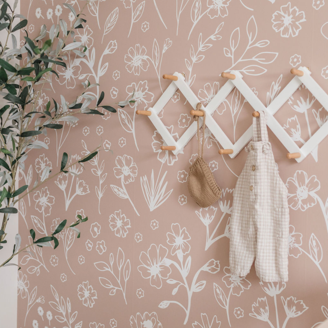Sophia floral wallpaper in dusty-rose and white for minimalist bohemian nursery decor