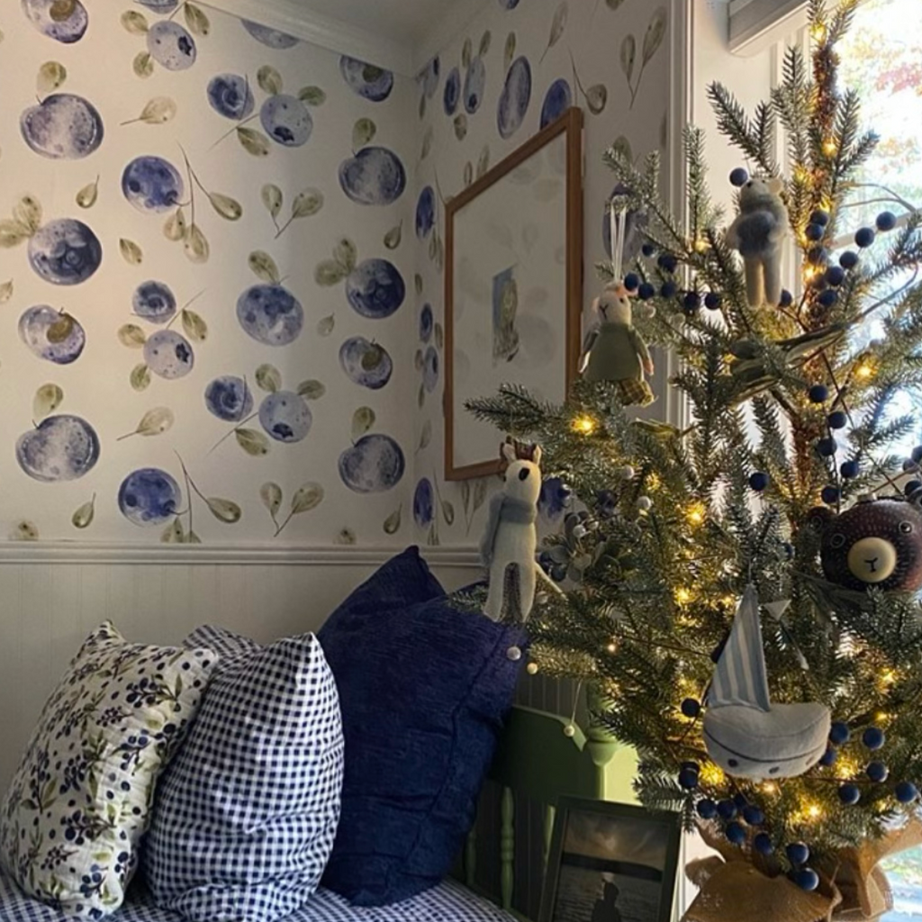 Mabel botanical floral wallpaper in white, blue, and green for cottagecore decor