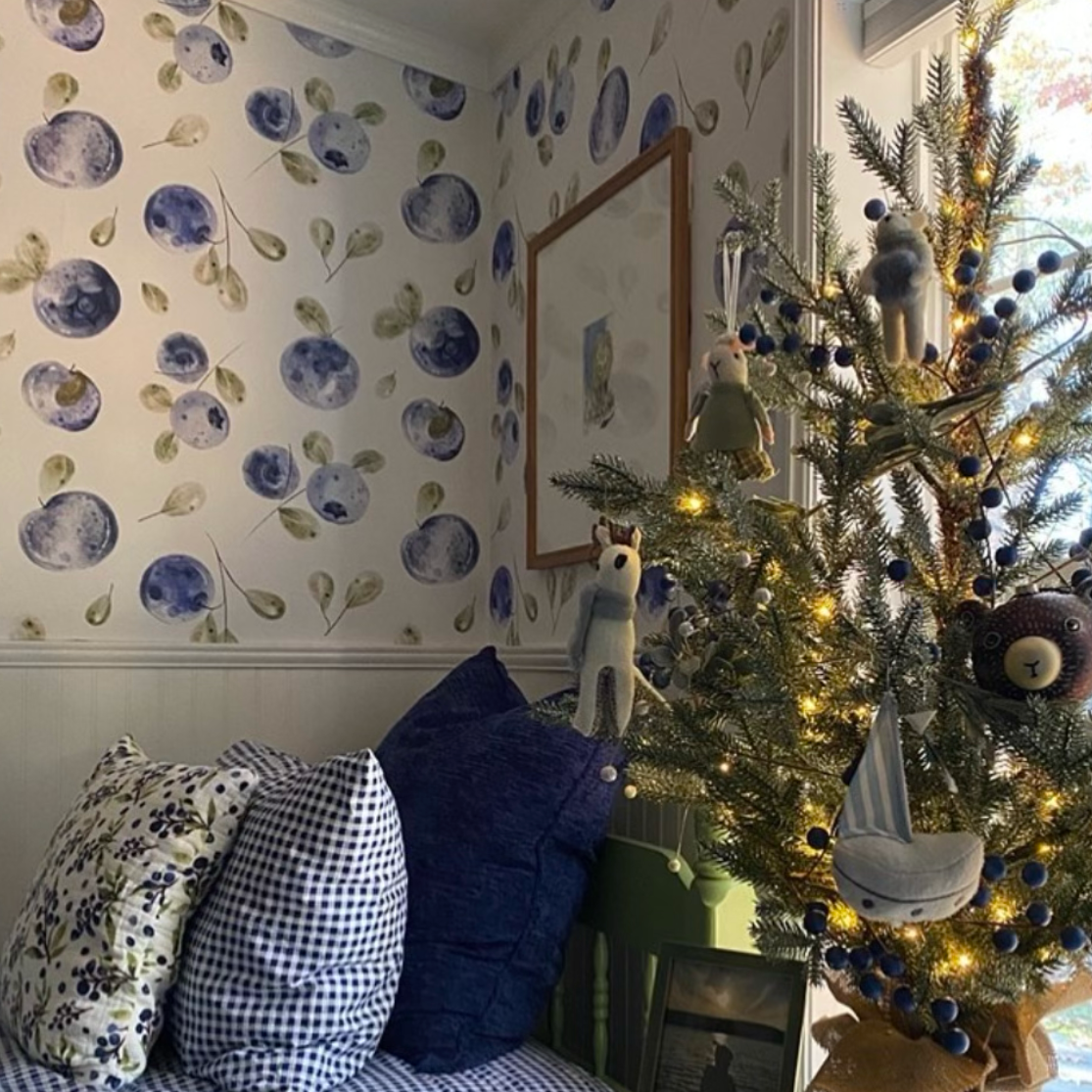 Mabel botanical floral wallpaper in white, blue, and green for cottagecore decor