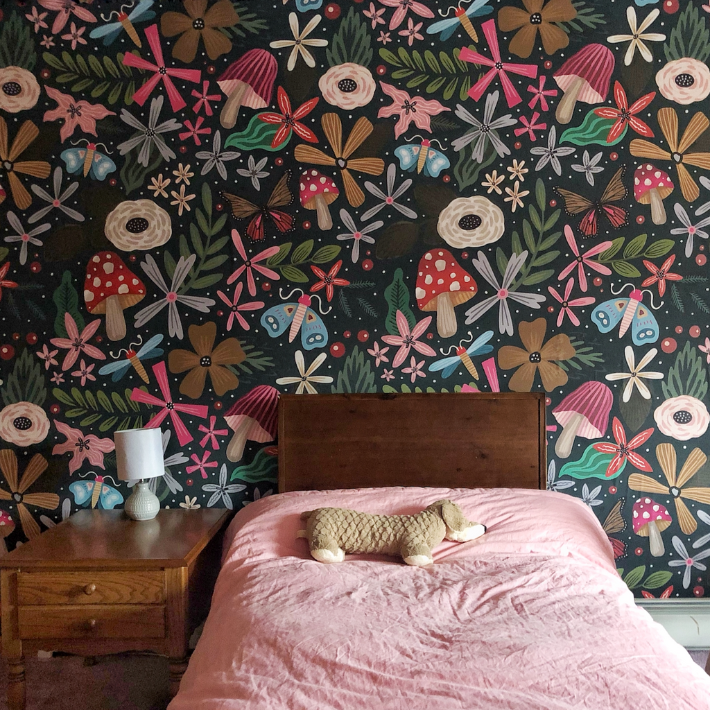 Groove cottagecore style floral wallpaper in earth tones like dark green, red, and brown