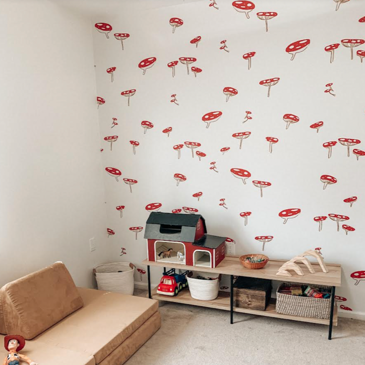 Whimsical Amanita floral wallpaper with red and white pattern