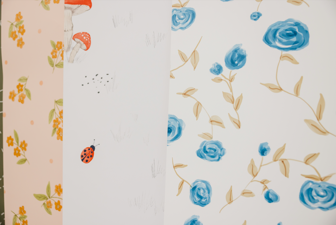 Davie Floral Removable Wallpaper in Cream and Blue Cottagecore