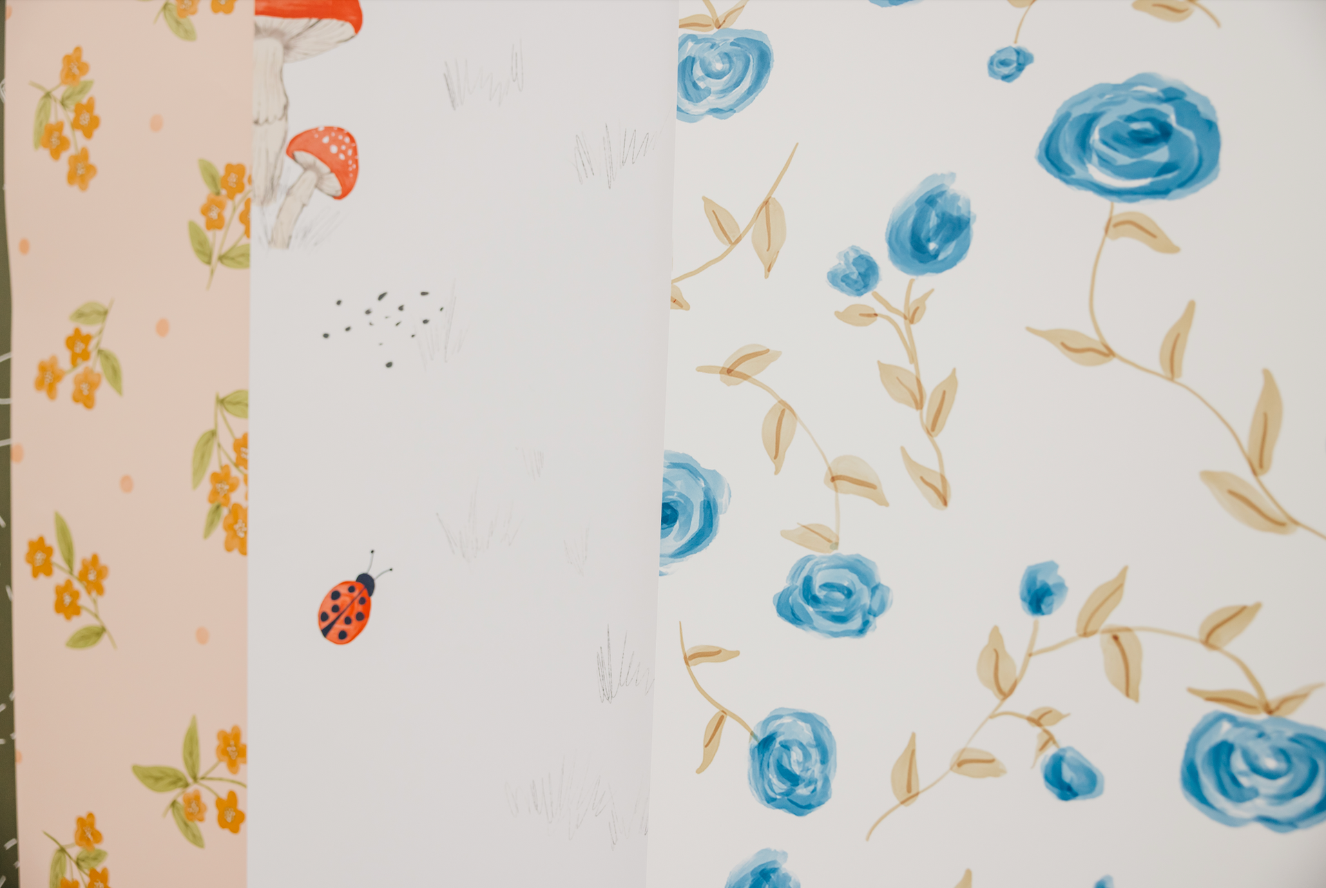 Davie Floral Removable Wallpaper in Cream and Blue Cottagecore