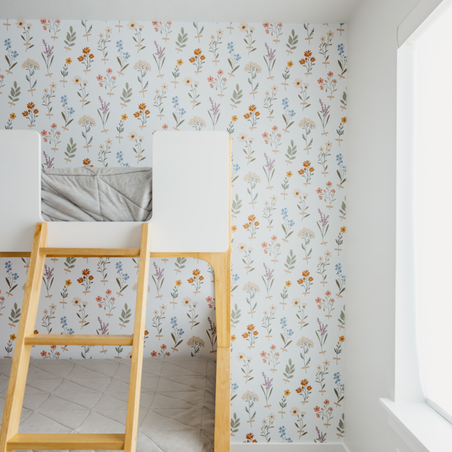 Laurence floral removable wallpaper with sage-green and terracotta tones