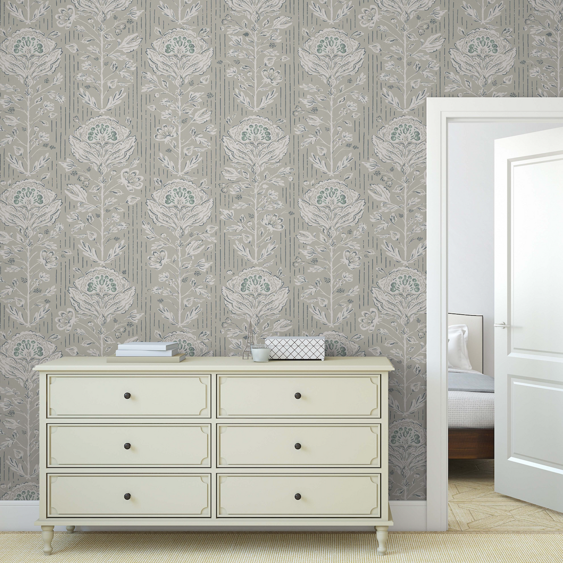 Maren Botanical Floral Removable Wallpaper in Grey, White, Sage-Green