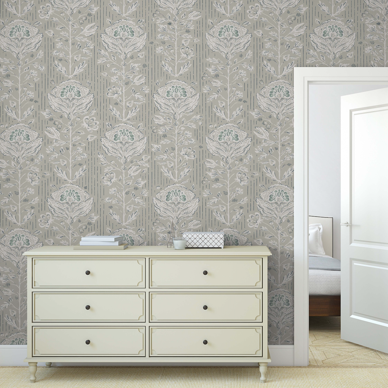 Maren Botanical Floral Removable Wallpaper in Grey, White, Sage-Green