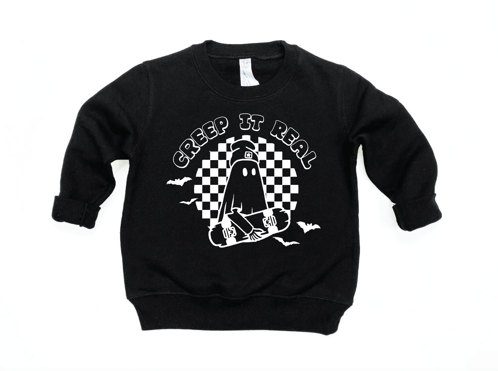 Creep it Real graphic sweatshirt in white and black color options.