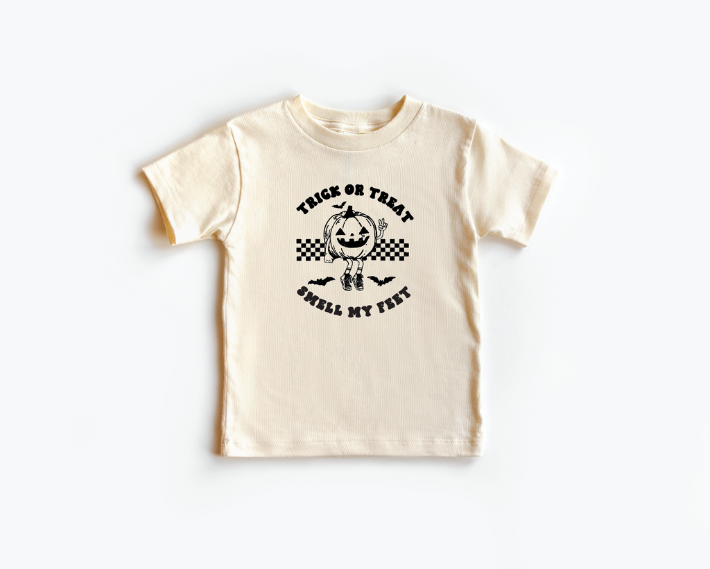 Unisex black crew neck t-shirt with white Trick or Treat Smell My Feet screen print