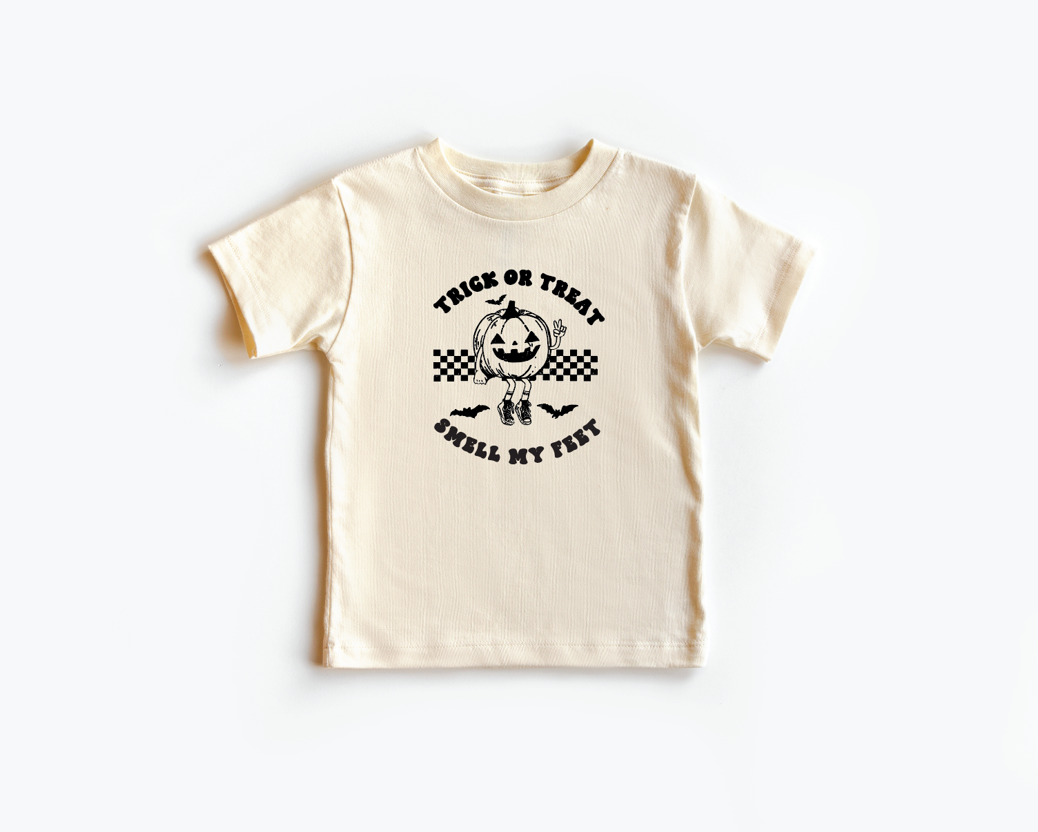 Unisex black crew neck t-shirt with white Trick or Treat Smell My Feet screen print