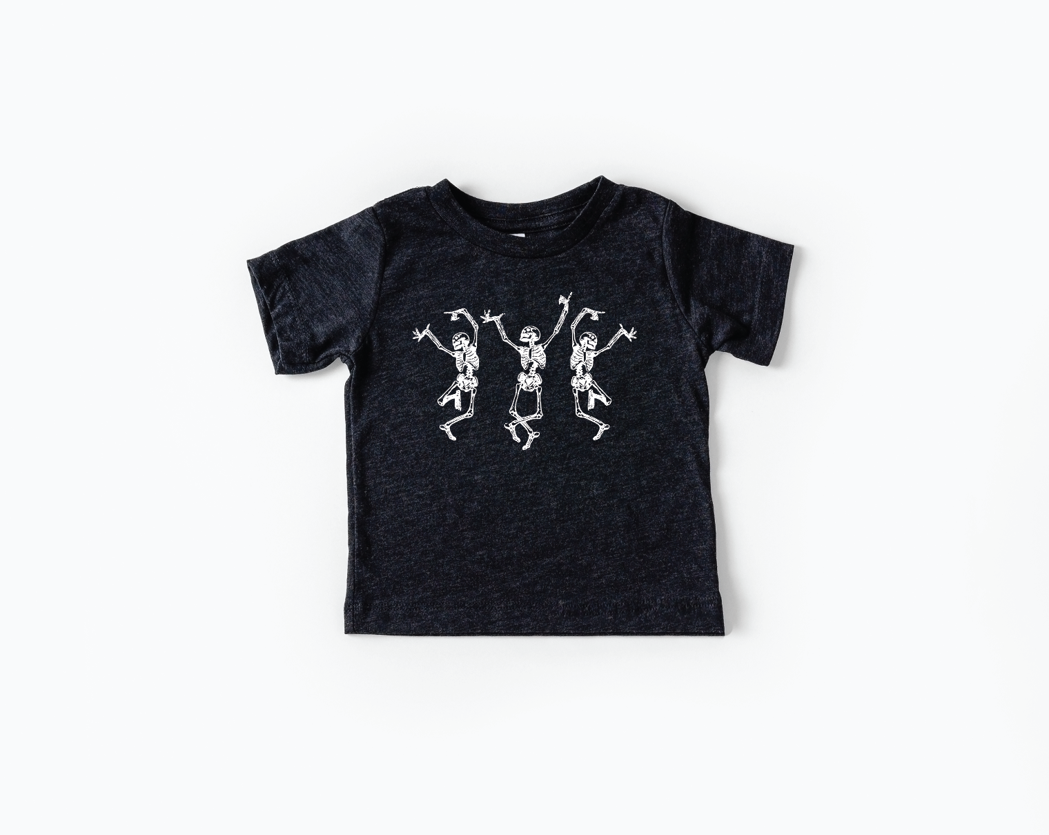 Dancing Skeletons graphic tee in charcoal and white colors.