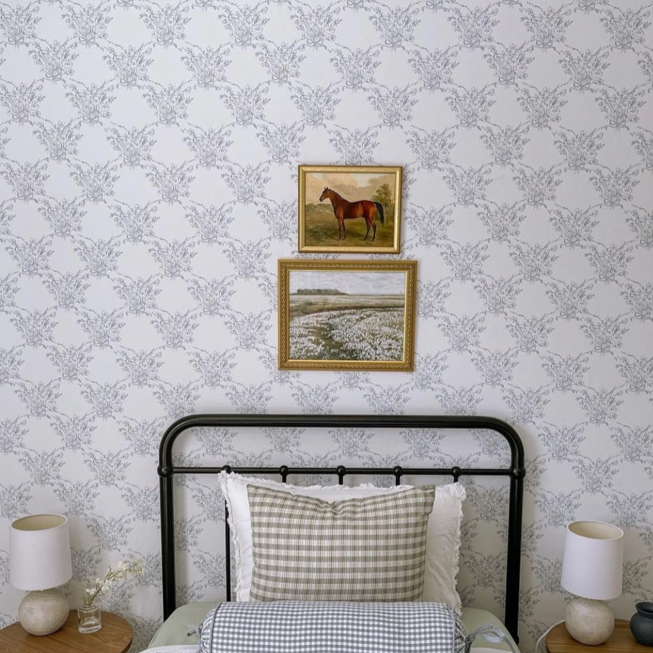 Georgia floral wallpaper with blue-grey and white colors for a traditional home decor style.