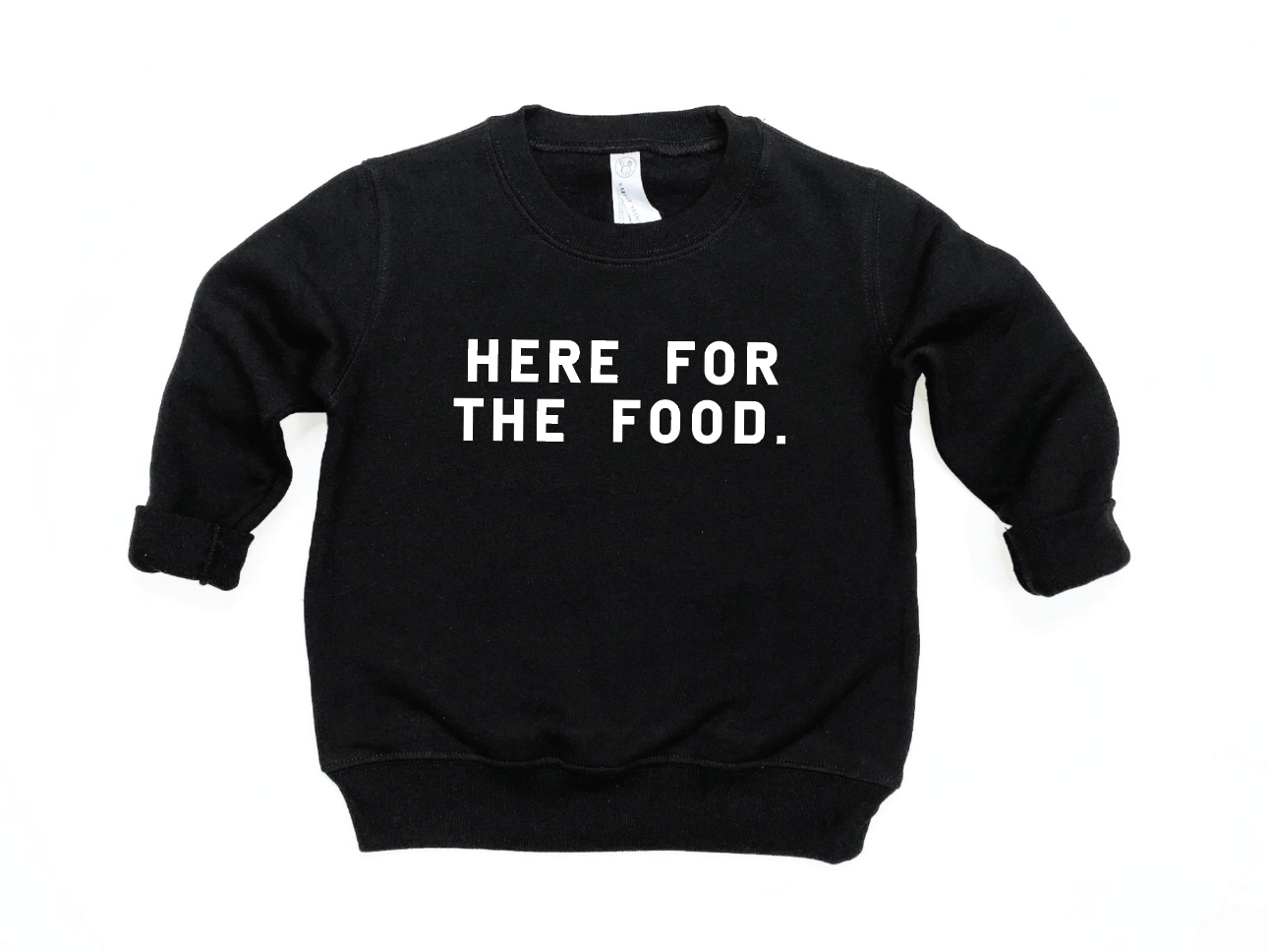 Unisex Here for the Food crew neck pullover in solid black and white knit fabric