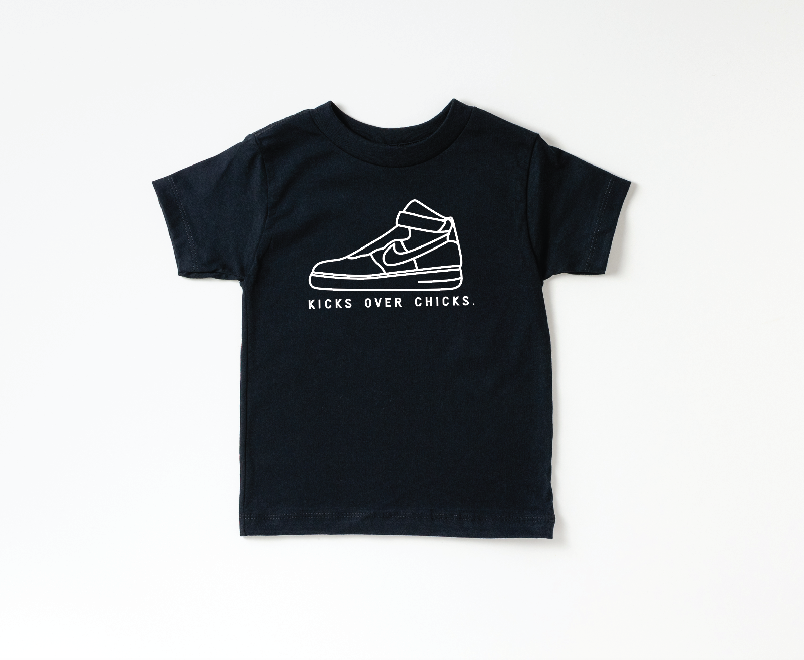 Unisex black crew neck tee with white Kicks Over Chicks graphic and sneaker design.