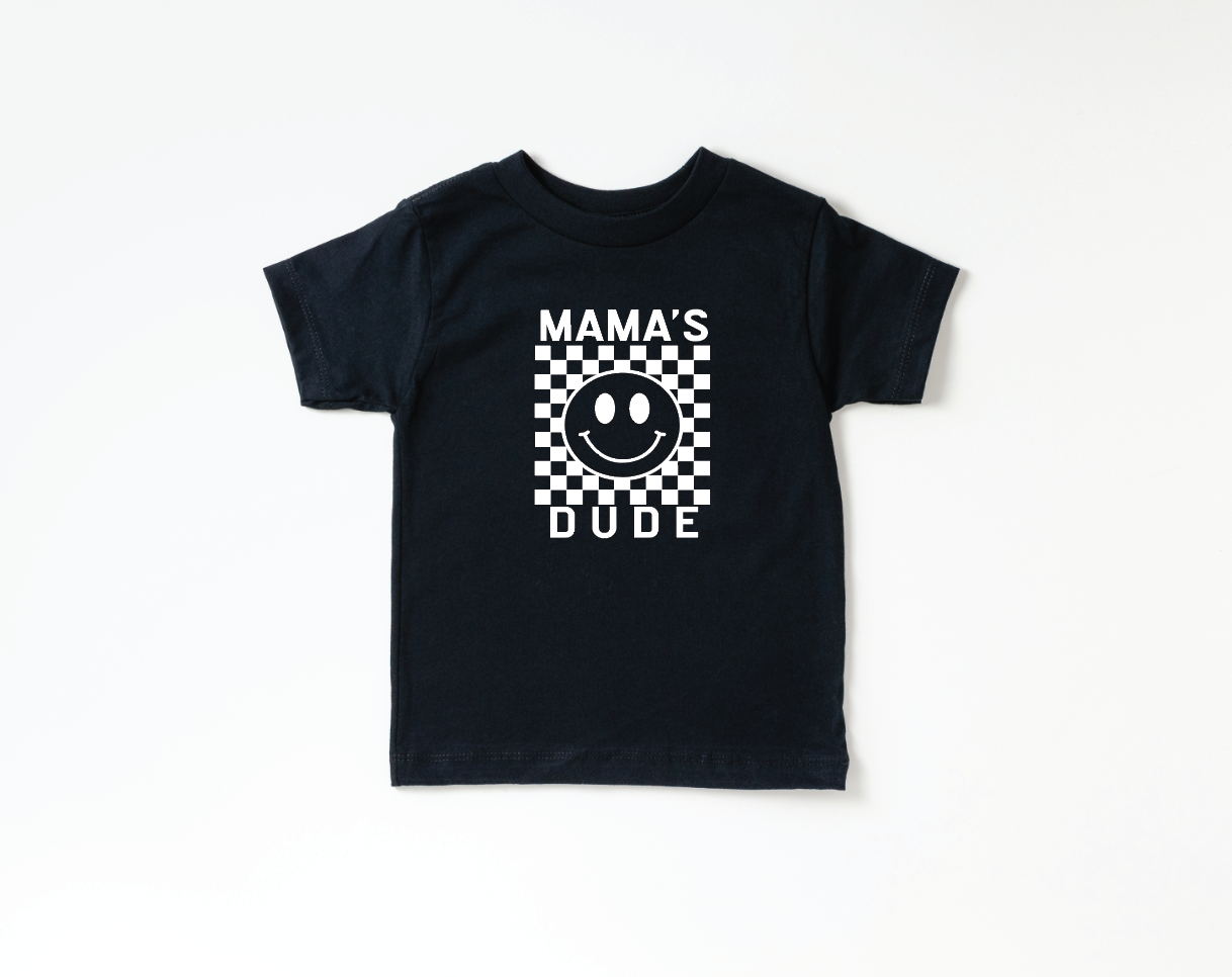 Mama's Dude checkered print graphic tee in cream, black, and olive green.